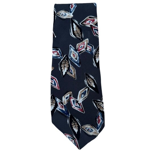 Zylos George Machado Mens Tie  Italian Silk Black Leaf Diamond Pattern - Picture 2 of 4